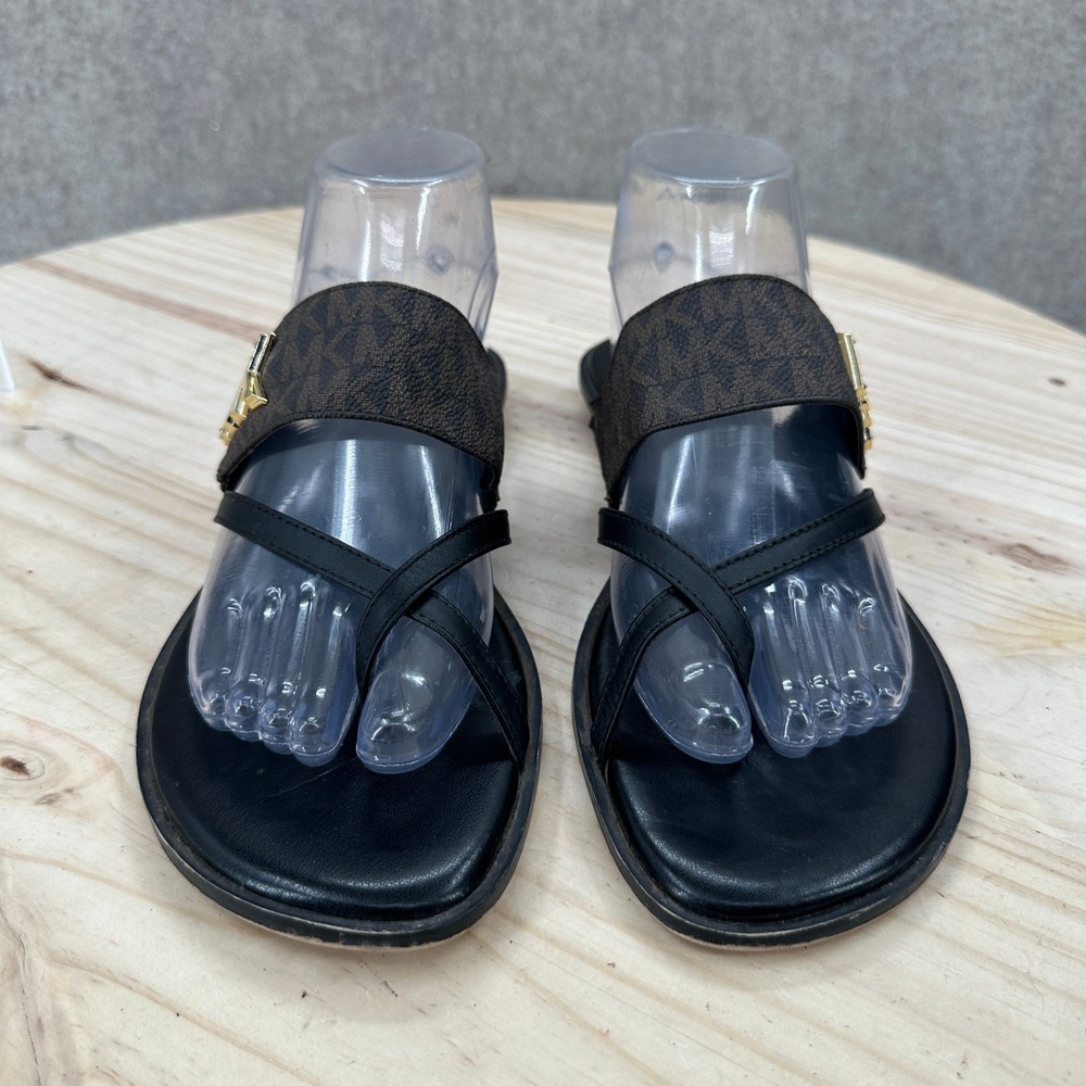 Michael Kors Sidney Flat Sandals Womens 8.5M Brown Black Logo Thong Slide - Picture 6 of 10